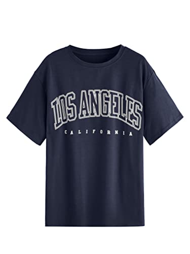 Tomwell Los Angeles T-Shirt Damen Kurzarm Sport Sommer Oberteile Oversize Tshirt Longshirt Lose Rundhals Drucken Bluse Teenager Mädchen Lang Tops Breite Schulter T-Shirt A Marine XS von Tomwell