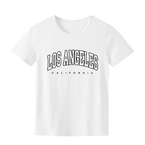 Tomwell Mädchen Los Angeles Brief T-Shirt Kinder T-Shirt Kurzarm Sport Sommer Oberteile Unisex Oversize Tshirt Lose Rundhals Drucken Bluse Jungen Mädchen Lang Tops A Weiß 140 von Tomwell