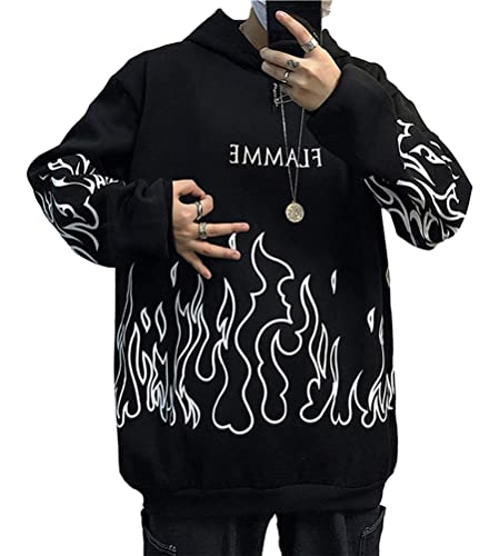 Tomwell Männer Casual Letter Print Flame Grafik Übergroße Langarm Sweatshirt Herren Hoodie Pullover Tops Lose Hip Hop Street Style Herbst und Winter Kapuzenpullover A Schwarz M von Tomwell