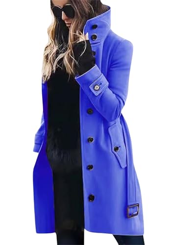 Tomwell Mantel Damen Trenchcoat Herbst Winter Langarm Revers Cardigan Elegante Einfarbig Knöpfe Mantel Warm Übergangsmantel Wintermantel Jacke Parka Outwear A Blau L von Tomwell