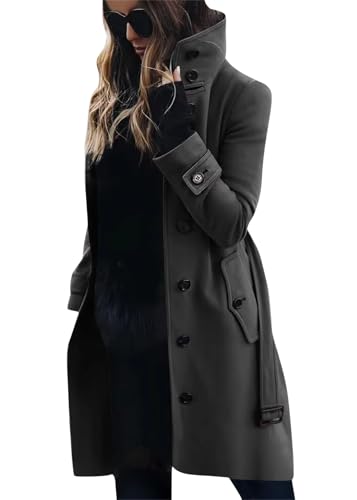 Tomwell Mantel Damen Trenchcoat Herbst Winter Langarm Revers Cardigan Elegante Einfarbig Knöpfe Mantel Warm Übergangsmantel Wintermantel Jacke Parka Outwear A Dunkelgrau XL von Tomwell