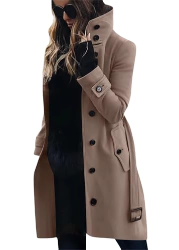 Tomwell Mantel Damen Trenchcoat Herbst Winter Langarm Revers Cardigan Elegante Einfarbig Knöpfe Mantel Warm Übergangsmantel Wintermantel Jacke Parka Outwear A Khaki S von Tomwell
