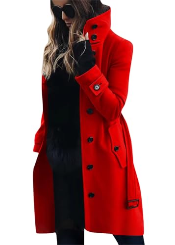 Tomwell Mantel Damen Trenchcoat Herbst Winter Langarm Revers Cardigan Elegante Einfarbig Knöpfe Mantel Warm Übergangsmantel Wintermantel Jacke Parka Outwear A Rot M von Tomwell