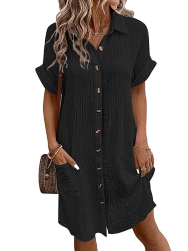 Tomwell Musselin Kleid Damen Leinen Kleider Elegant Kurzarm Blusenkleid Sommer Strandkleid Hemdblusenkleid Blusenkleid Locker Freizeitkleid A Schwarz XXL von Tomwell