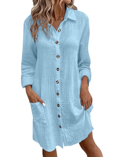 Tomwell Musselin Kleid Damen Leinen Kleider Elegant Kurzarm Blusenkleid Sommer Strandkleid Hemdblusenkleid Blusenkleid Locker Freizeitkleid C Blau L von Tomwell