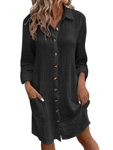 Tomwell Musselin Kleid Damen Leinen Kleider Elegant Kurzarm Blusenkleid Sommer Strandkleid Hemdblusenkleid Blusenkleid Locker Freizeitkleid C Schwarz XXL von Tomwell