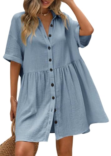Tomwell Musselin Kleid Damen Leinenkleid Sommer Kurzarm Blusenkleid Einfarbig Knopfleiste Knielang Hemdkleid A Hellblau XL von Tomwell