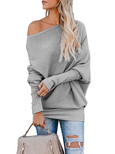 Tomwell Oversize Pullover Damen Off Shoulder Loose Fledermausärmel Sweatshirt Casual Strick Oberteile Schulterfrei Jumper (44, Grau) von Tomwell