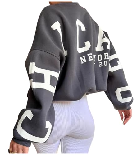 Tomwell Oversize Pullover Damen Winter Sweatshirt mit Backprint Rundhals Pulli Langarmshirt Casual Streetwear Tops A Grau S von Tomwell