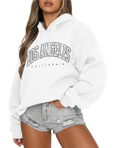Tomwell Oversized Hoodie Damen Los Angeles Pullover Winter Kapuzenpullover Langarm Sweatshirt Casual Hoody mit Kapuze A Weiß XL von Tomwell
