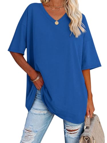 Tomwell Oversized T-Shirt Damen Sommer Tshirt Kurzarm V-Ausschnitt Oberteile Casual Longshirt Basic Sport Shirt A Dunkelblau XXL von Tomwell