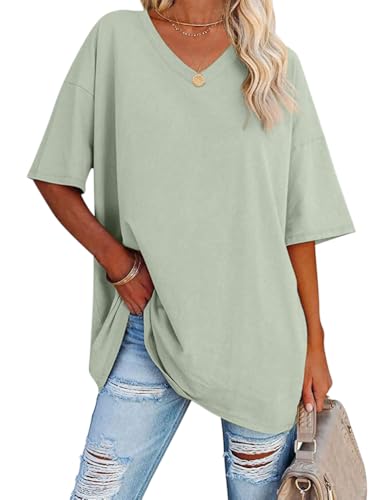 Tomwell Oversized T-Shirt Damen Sommer Tshirt Kurzarm V-Ausschnitt Oberteile Casual Longshirt Basic Sport Shirt A Grün XL von Tomwell