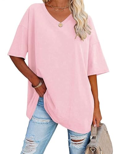 Tomwell Oversized T-Shirt Damen Sommer Tshirt Kurzarm V-Ausschnitt Oberteile Casual Longshirt Basic Sport Shirt A Rosa 3XL von Tomwell