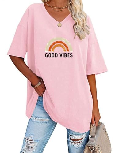 Tomwell Oversized T-Shirt Damen Sommer Tshirt Kurzarm V-Ausschnitt Oberteile Casual Longshirt Basic Sport Shirt C Rosa XXL von Tomwell