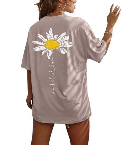 Tomwell Oversized Tshirt Damen Rundhals T-Shirt mit Backprint Kurzarm Oberteile Sommer Shirts A kaki XL von Tomwell