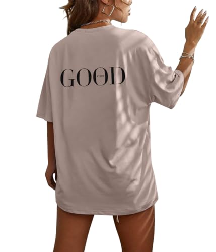 Tomwell Oversized Tshirt Damen Rundhals T-Shirt mit Backprint Kurzarm Oberteile Sommer Shirts B kaki S von Tomwell