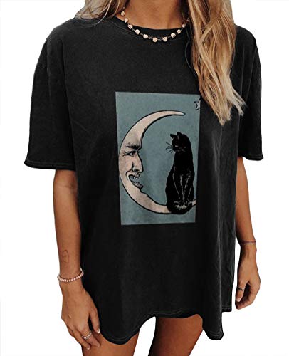 Tomwell Oversized Tshirt Damen Sonne Mond Motiv Sportshirt Kurzarm Sport Oberteile Vintage Sweatshirt Rundhals Oberteile Teenager Mädchen Best Friends Top Lang C Dunkelgrau E 2XL von Tomwell