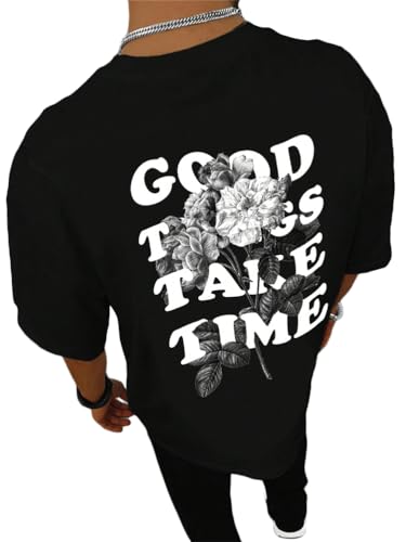 Tomwell Oversized Tshirt Herren Rundhals Kurzarm Lose Sommer Oberteile Mode T-Shirt mit Backprint Vintage Drucken Streetwear Sport Casual Lang Tops A Schwarz XXL von Tomwell
