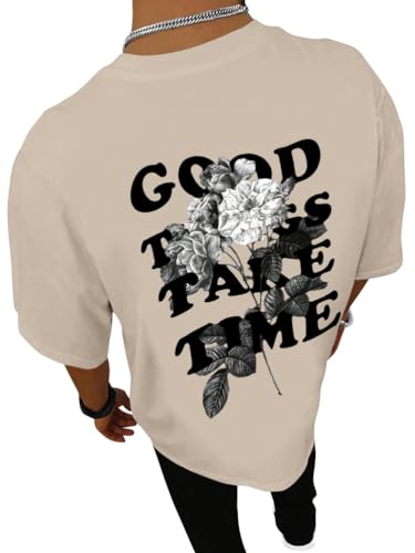 Tomwell Oversized Tshirt Herren Rundhals Kurzarm Lose Sommer Oberteile Mode T-Shirt mit Backprint Vintage Drucken Streetwear Sport Lang Tops A Aprikose L von Tomwell