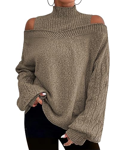 Tomwell Pullover Damen Elegant Rollkragenpullover Langarm Strickpullover Lässiges Stricken Pulli Winter Sweatshirt Oberteile B Khaki XL von Tomwell