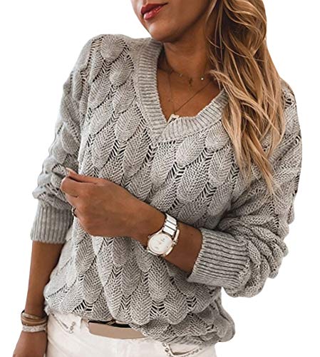 Tomwell Pullover Damen Elegant Strickpullover Feder Hohlpullover Casual V-Ausschnitt Langarm Jumper Lose Pulli Einfarbig Sweater Oberteile Tops Herbst Winter Grau S von Tomwell