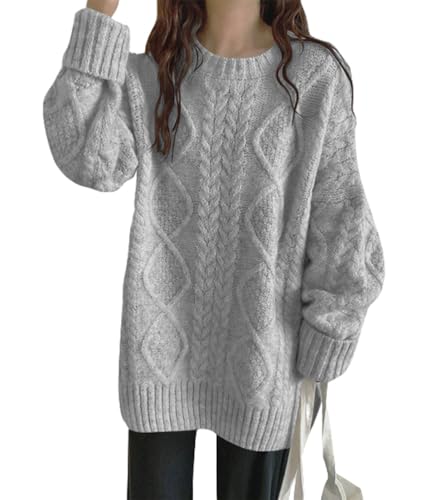 Tomwell Pullover Damen Elegant Strickpullover V-Ausschnitt Lang Winter Winterpullover Elegant Rundhals Sweatshirt Frauen Langarm Herbst Oberteile Damenpullover Tops Pullis A Grau M von Tomwell