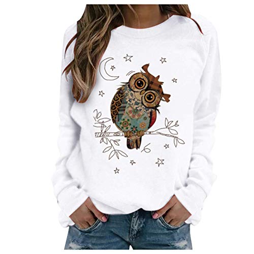 Tomwell Pullover Damen Eule Drucken Sweatshirt Langarmshirt Rundhals Langarm Shirt Herbst Winter Pulli Tops Oberteile D Weiß M von Tomwell