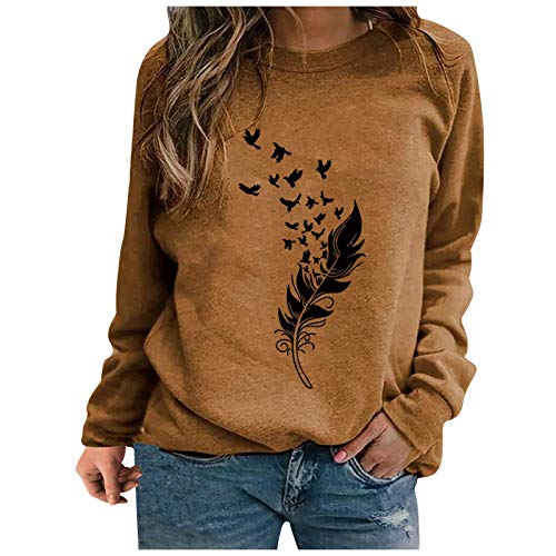 Tomwell Pullover Damen Feder Drucken Sweatshirt Langarmshirt Rundhals Langarm Shirts Herbst Winter Pulli Tops Oberteile E Kaffee M von Tomwell