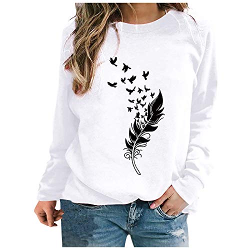 Tomwell Pullover Damen Feder Drucken Sweatshirt Langarmshirt Rundhals Langarm Shirts Herbst Winter Pulli Tops Oberteile E Weiß XL von Tomwell