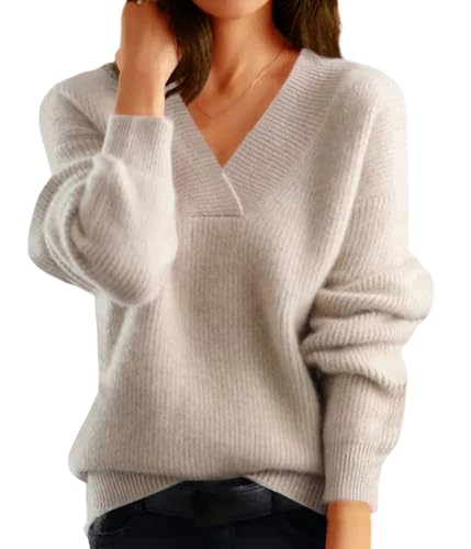 Tomwell Pullover Damen Grobstrick Oversize Elegant V-Ausschnitt Strickpullover Langarm Sweater Einfarbig Pulli Oberteile Lose Jumper Sweatshirt A Beige L von Tomwell
