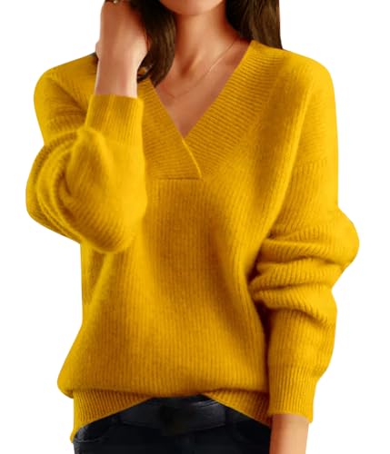 Tomwell Pullover Damen Grobstrick Oversize Elegant V-Ausschnitt Strickpullover Langarm Sweater Einfarbig Pulli Oberteile Lose Jumper Sweatshirt A Gelb S von Tomwell