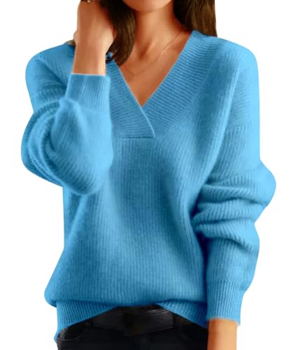 Tomwell Pullover Damen Grobstrick Oversize Elegant V-Ausschnitt Strickpullover Langarm Sweater Einfarbig Pulli Oberteile Lose Jumper Sweatshirt A Hellblau L von Tomwell