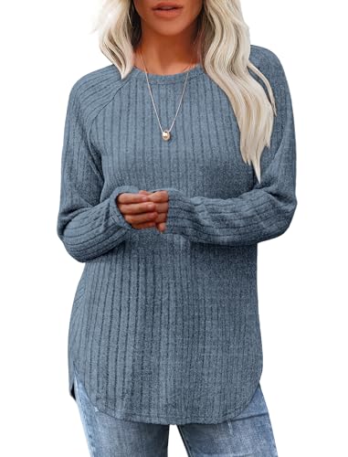 Tomwell Pullover Damen Herbst Rundhals Strickpullover Gebogener Saum Langarmshirt Lässige Sweatshirt A Blau M von Tomwell