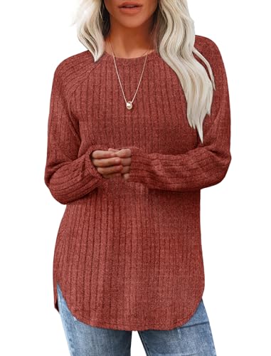 Tomwell Pullover Damen Herbst Rundhals Strickpullover Gebogener Saum Langarmshirt Lässige Sweatshirt A Braun XXL von Tomwell