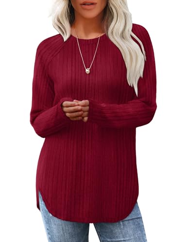 Tomwell Pullover Damen Herbst Rundhals Strickpullover Gebogener Saum Langarmshirt Lässige Sweatshirt A Rot S von Tomwell