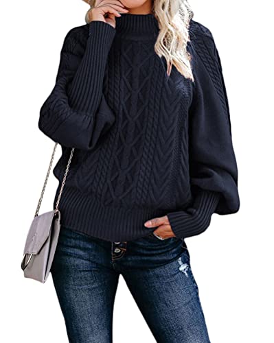 Tomwell Pullover Damen Langarm Einfarbig Strickpullover Oversize Lässige Lose Sweater Warm Gestrickter Oberteil Winter Grobstrick Sweatshirt Dunkelblau S von Tomwell