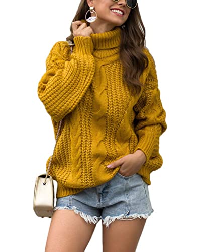 Tomwell Pullover Damen Rollkragenpullover Oversize Langarm Stricken Pulli Grobstrickpullover Strickpullover Sweatshirts Strickpulli Sweater Oberteiles Tops A Gelb 44 von Tomwell