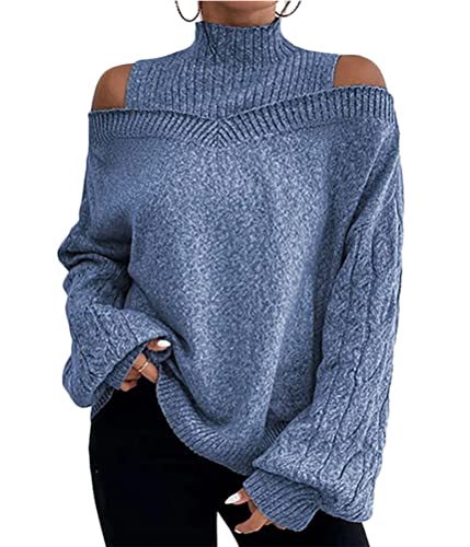 Tomwell Pullover Damen Rollkragenpullover mit Laternenärmeln Elegant Strickpullover Casual Lose Grobstrickpullover Langarm Pulli Oberteile Sweatshirt Sweater für Herbst Winter B Dunkelblau XXL von Tomwell