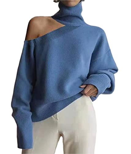 Tomwell Pullover Damen Rollkragenpullover mit Laternenärmeln Elegant Strickpullover Casual Lose Grobstrickpullover Langarm Pulli Oberteile Sweatshirt Sweater für Herbst Winter C Blau XXL von Tomwell