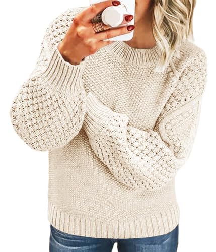 Tomwell Pullover Damen Strickpullover Elegant Feder Hohlpullover Casual V-Ausschnitt Langarm Jumper Lose Pulli Einfarbig Sweater Oberteile Tops Herbst Winter B Aprikose M von Tomwell