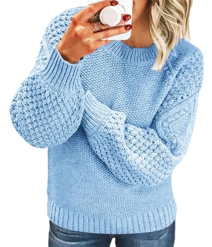 Tomwell Pullover Damen Strickpullover Elegant Feder Hohlpullover Casual V-Ausschnitt Langarm Jumper Lose Pulli Einfarbig Sweater Oberteile Tops Herbst Winter B Blau 3XL von Tomwell