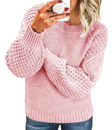 Tomwell Pullover Damen Strickpullover Elegant Feder Hohlpullover Casual V-Ausschnitt Langarm Jumper Lose Pulli Einfarbig Sweater Oberteile Tops Herbst Winter B Rosa L von Tomwell