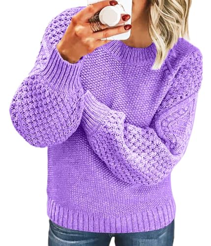 Tomwell Pullover Damen Strickpullover Elegant Feder Hohlpullover Casual V-Ausschnitt Langarm Jumper Lose Pulli Einfarbig Sweater Oberteile Tops Herbst Winter B Violett 3XL von Tomwell