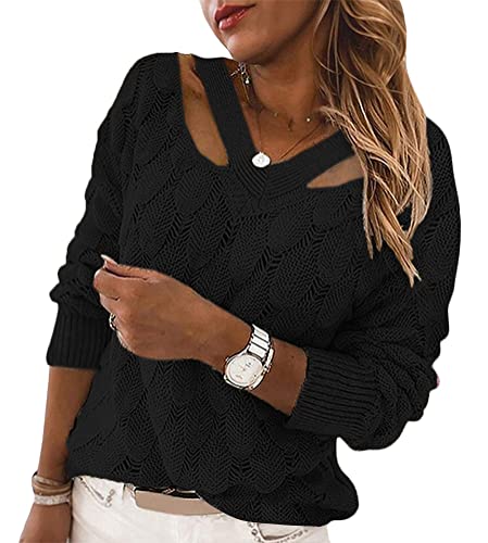 Tomwell Pullover Damen Strickpullover Elegant Feder Hohlpullover Casual V-Ausschnitt Langarm Jumper Lose Pulli Einfarbig Sweater Oberteile Tops Herbst Winter Z Schwarz M von Tomwell