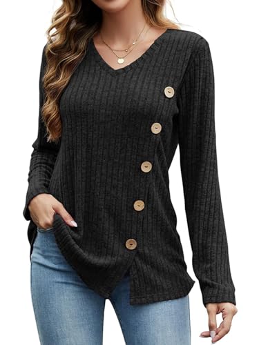 Tomwell Pullover Damen Strickpullover V-Ausschnitt Langarmshirt Sweatshirt Herbst Winter Seitentaste Tops A Schwarz XXL von Tomwell