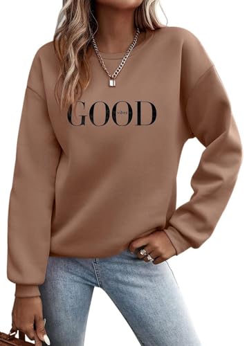 Tomwell Pullover Damen Sweatshirt ohne Kapuze Briefe Drucken Langarm Rundhals Warm Pulli Herbst Winter Frauen Buchstaben Druck Casual Oberteil Teenager Mädchen Sportbekleidung A Braun Dicker S von Tomwell