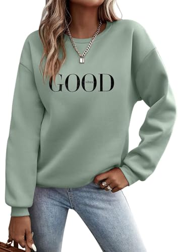 Tomwell Pullover Damen Sweatshirt ohne Kapuze Briefe Drucken Langarm Rundhals Warm Pulli Herbst Winter Frauen Buchstaben Druck Casual Oberteil Teenager Mädchen Sportbekleidung A Grün Dicker L von Tomwell