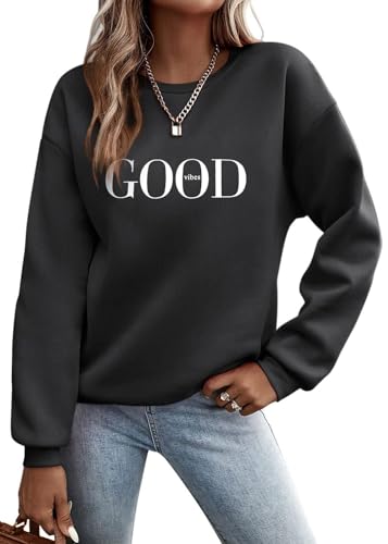 Tomwell Pullover Damen Sweatshirt ohne Kapuze Briefe Drucken Langarm Rundhals Warm Pulli Herbst Winter Frauen Buchstaben Druck Casual Oberteil Teenager Mädchen Sportbekleidung A Schwarz Dicker L von Tomwell