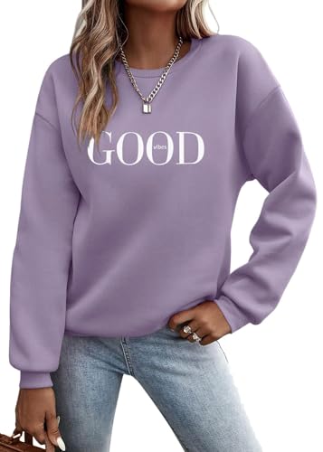 Tomwell Pullover Damen Sweatshirt ohne Kapuze Briefe Drucken Langarm Rundhals Warm Pulli Herbst Winter Frauen Buchstaben Druck Casual Oberteil Teenager Mädchen Sportbekleidung A Violett Dicker L von Tomwell