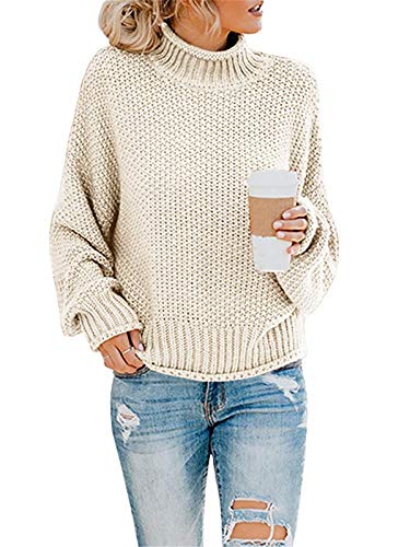 Tomwell Pullover für Damen Rollkragenpullover Casual Lose Pulli Langarm Oberteile Elegant Batwing Oversize Strickpullover A Weiß L von Tomwell